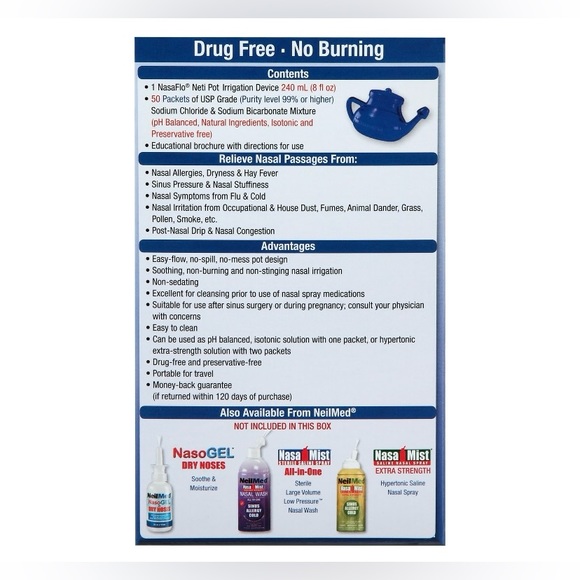 NeilMed NasaFlo Clear Neti-Pot Nasal Wash System with 50 Premixed Packets - Picture 2 of 4